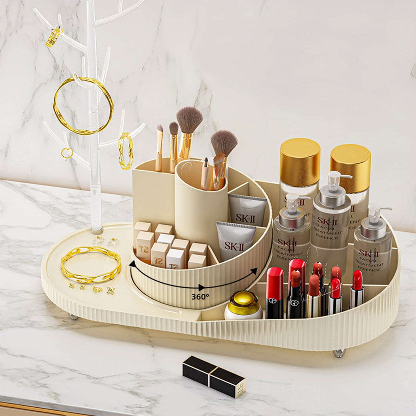 Rotating Makeup Organizer With Jewelry Storage Large Capacity