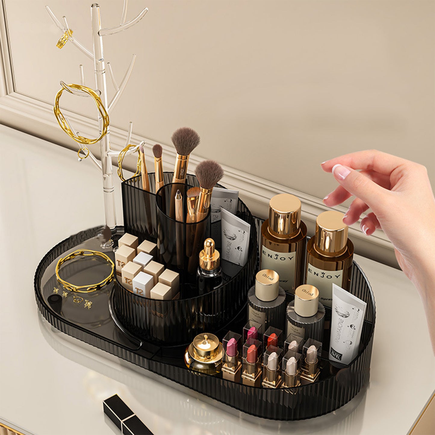 Rotating Makeup Organizer With Jewelry Storage Large Capacity